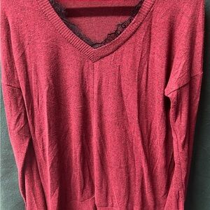 Poof Burgundy Red V-Neck Sweater with Lace Fringe details. Small